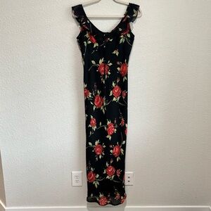 VTG Giorgio Sant Angelo Black Rose Floral Ruffle Maxi‎ Dress Womens Size 6 Fairy